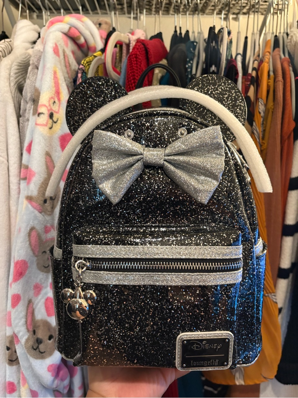Disney Loungefly | Black w/Silver Glitter Mini Backpack | Happy New Year hat